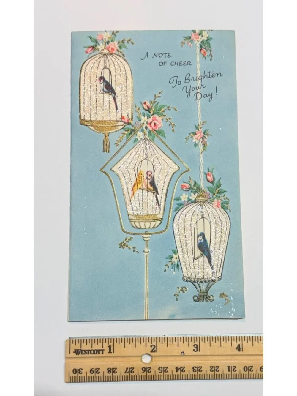 Vintage Pollyanna Greeting Card With Birdcage Design Glitter Accents Paper Ephem